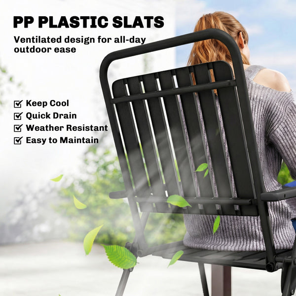 Folding Garden Chairs Set of 4, Garden Dining Chairs with Plastic Slatted Seat and Back, Portable Folding Chair Set with Armrests and Steel Frame for Outdoor, Patio, Balcony, Terrace, Black