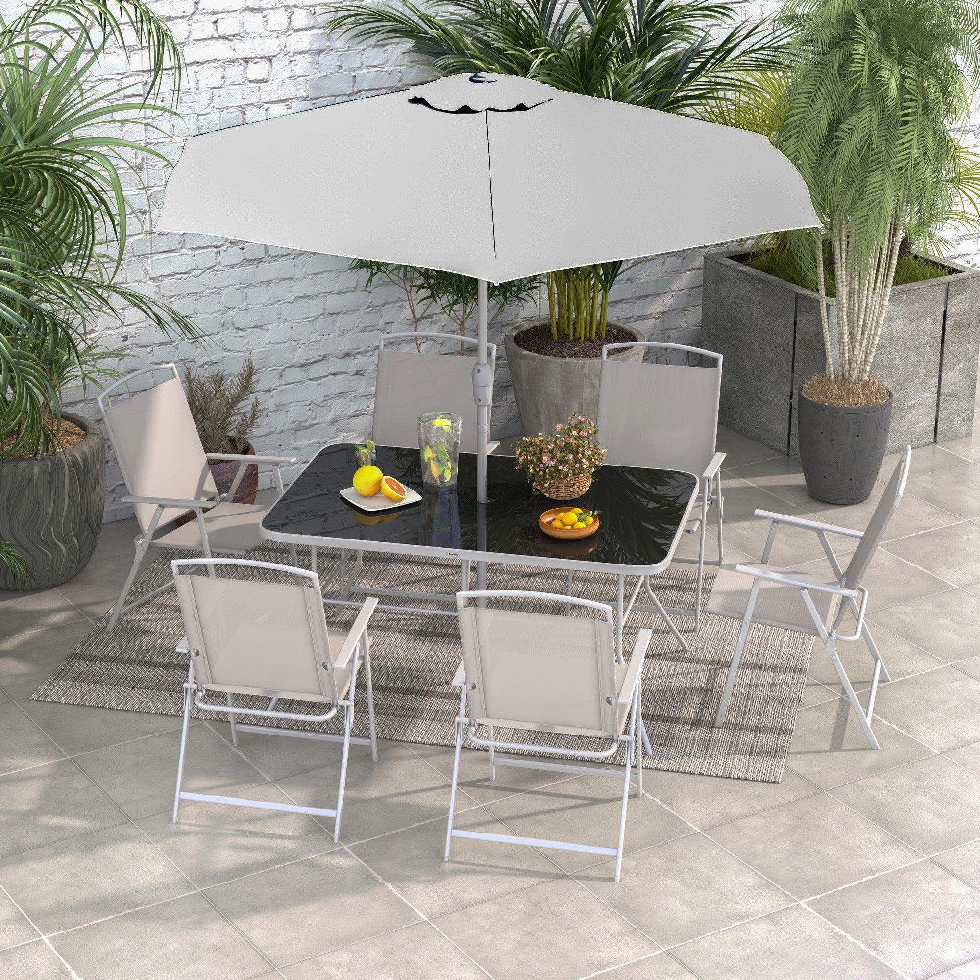 grey patio table with umbrella hole Outsunny 8 Piece Patio Set with Umbrella, Outdoor Dining Table & 6 Folding Chairs w/ Mesh Seat, Grey