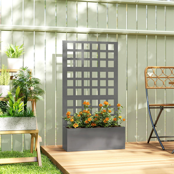 Galvanized Raised Garden Bed with Trellis, Metal Planter Box with Drainage Holes, Outdoor Privacy Screen for Climbing Plants, Vegetable, Vines, 24" x 9" x 44.5", Gray