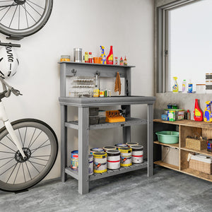 Outdoor Potting Bench Table with Faucet, Removable Sink, Hooks and Storage Shelves, Wood Work Bench Workstation for Greenhouse, Garden, Patio, Grey