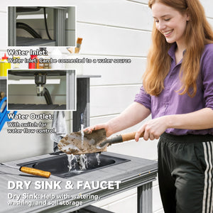 Outdoor Potting Bench Table with Faucet, Removable Sink, Hooks and Storage Shelves, Wood Work Bench Workstation for Greenhouse, Garden, Patio, Grey