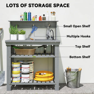 Outdoor Potting Bench Table with Faucet, Removable Sink, Hooks and Storage Shelves, Wood Work Bench Workstation for Greenhouse, Garden, Patio, Grey