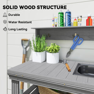 Outdoor Potting Bench Table with Faucet, Removable Sink, Hooks and Storage Shelves, Wood Work Bench Workstation for Greenhouse, Garden, Patio, Grey