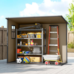 8' x 4' Outdoor Storage Shed, Resin Plastic Shed with Floor, Window, Lockable Doors and Vents, All-Weather Tool Shed for Backyard, Patio, Lawn, Light Brown
