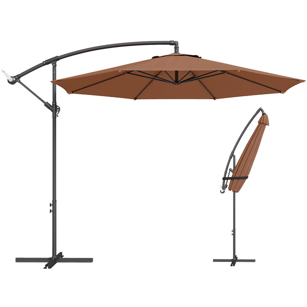 3(m) Garden Banana Parasol Hanging Cantilever Umbrella with Crank Handle, 8 Ribs and Cross Base for Outdoor, Sun Shade, Coffee
