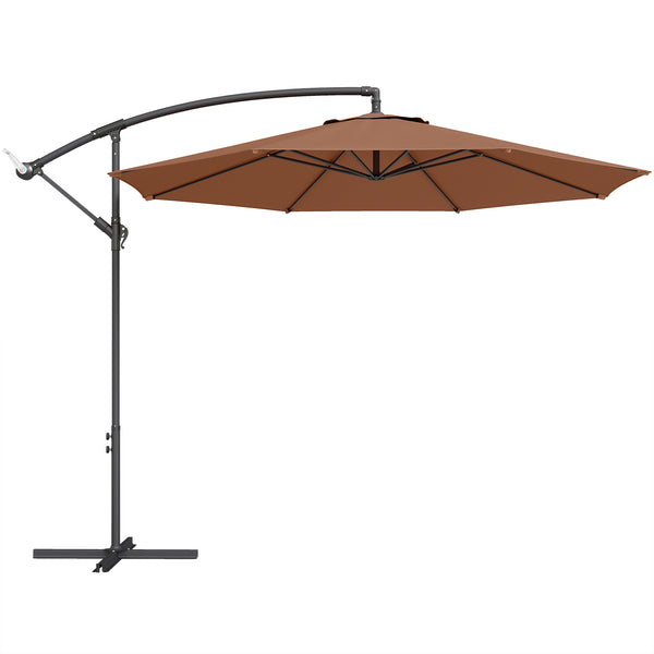 3(m) Garden Banana Parasol Hanging Cantilever Umbrella with Crank Handle, 8 Ribs and Cross Base for Outdoor, Sun Shade, Coffee