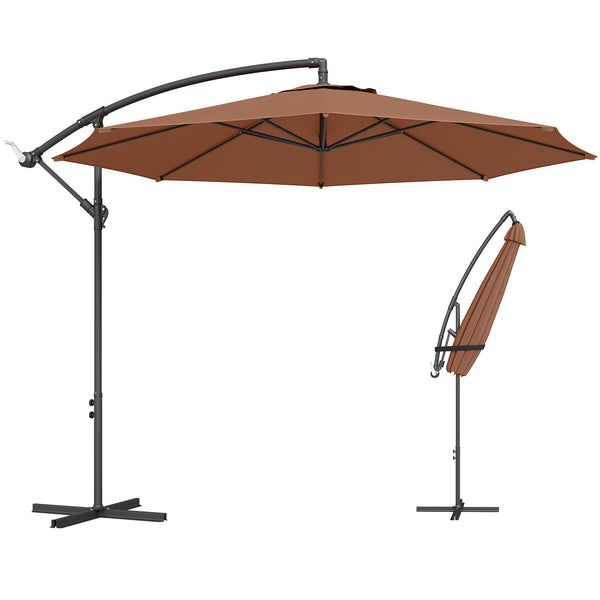 3(m) Garden Banana Parasol Hanging Cantilever Umbrella with Crank Handle, 8 Ribs and Cross Base for Outdoor, Sun Shade, Coffee