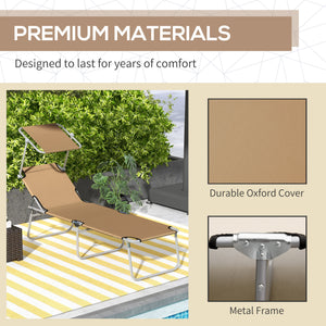 Outdoor Lounge Chair, Adjustable Folding Chaise Lounge, Tanning Chair with Sun Shade for Beach, Camping, Hiking, Backyard, Brown