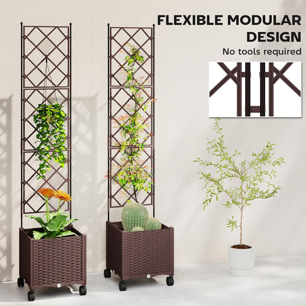 Plastic Raised Planter with Trellis, Self Watering Raised Bed for Garden with Wheels, Drainage Holes and Plugs for Climbing Plants, Outdoor Elevated Planter Box for Vegetables Flowers Herbs