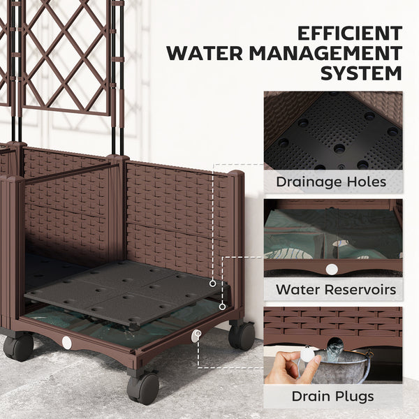 Plastic Raised Planter with Trellis, Self Watering Raised Bed for Garden with Wheels, Drainage Holes and Plugs for Climbing Plants, Outdoor Elevated Planter Box for Vegetables Flowers Herbs