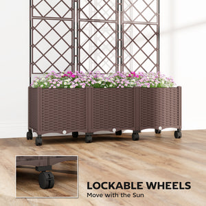 Plastic Raised Planter with Trellis, Self Watering Raised Bed for Garden with Wheels, Drainage Holes and Plugs for Climbing Plants, Outdoor Elevated Planter Box for Vegetables Flowers Herbs