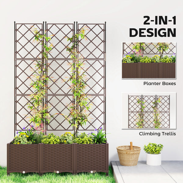 Plastic Raised Planter with Trellis, Self Watering Raised Bed for Garden with Wheels, Drainage Holes and Plugs for Climbing Plants, Outdoor Elevated Planter Box for Vegetables Flowers Herbs
