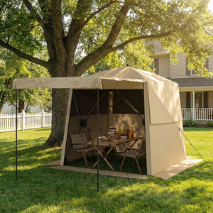 2 x 2 m Pop Up Gazebo with Awning, Waterproof Instant Shelter for Garden BBQ, Fishing, Camping, Easy Setup Garden Gazebo with Sides, Mesh Windows & Carry Bag, Khaki