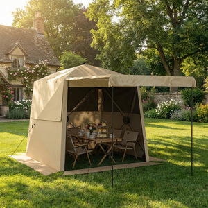 2 x 2 m Pop Up Gazebo with Awning, Waterproof Instant Shelter for Garden BBQ, Fishing, Camping, Easy Setup Garden Gazebo with Sides, Mesh Windows & Carry Bag, Khaki