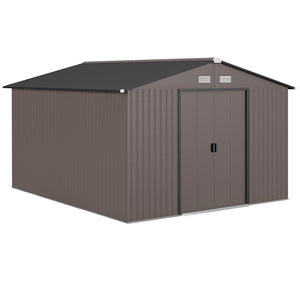 9' x 11' Garden Storage Shed with Foundation Kit, Metal Tool Storage House with Double Doors for Outdoor Patio Yard, Brown
