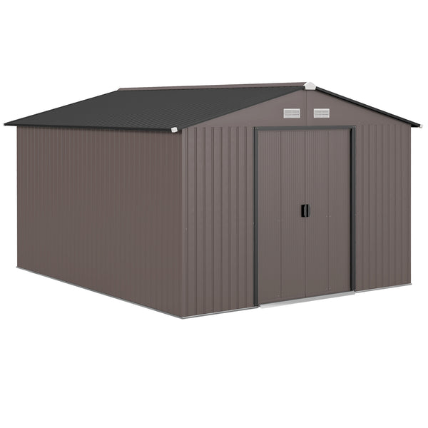 9' x 11' Garden Storage Shed with Foundation Kit, Metal Tool Storage House with Double Doors for Outdoor Patio Yard, Brown
