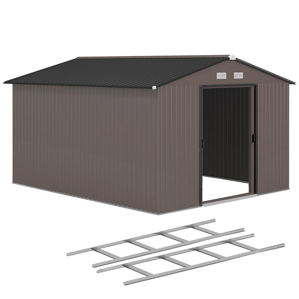 9' x 11' Garden Storage Shed with Foundation Kit, Metal Tool Storage House with Double Doors for Outdoor Patio Yard, Brown