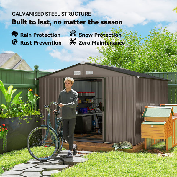 9' x 11' Garden Storage Shed with Foundation Kit, Metal Tool Storage House with Double Doors for Outdoor Patio Yard, Brown
