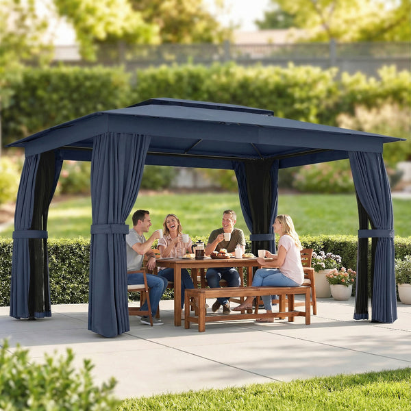 10' x 12' Outdoor Patio Gazebo, Soft Top Gazebo Canopy Shelter with Double Roof, Curtains, Netting, Steel Frame, UPF30+ Protection, Ceiling Hooks for Lawn, Backyard, Deck, Blue