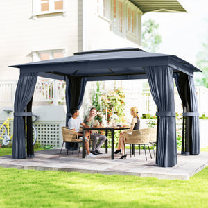 10' x 12' Outdoor Patio Gazebo, Soft Top Gazebo Canopy Shelter with Double Roof, Curtains, Netting, Steel Frame, UPF30+ Protection, Ceiling Hooks for Lawn, Backyard, Deck, Blue