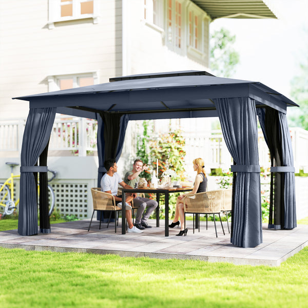 10' x 12' Outdoor Patio Gazebo, Soft Top Gazebo Canopy Shelter with Double Roof, Curtains, Netting, Steel Frame, UPF30+ Protection, Ceiling Hooks for Lawn, Backyard, Deck, Blue
