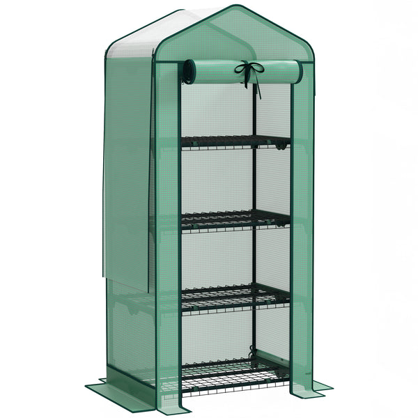 Outsunny 4 Tier Mini Greenhouse with Screen Roof, 27.6" x 19.7" x 62.2", Portable Small Greenhouse with High Strength PE Cover, Roll-Up Zipper Door for Garden Yard Backyard, Green