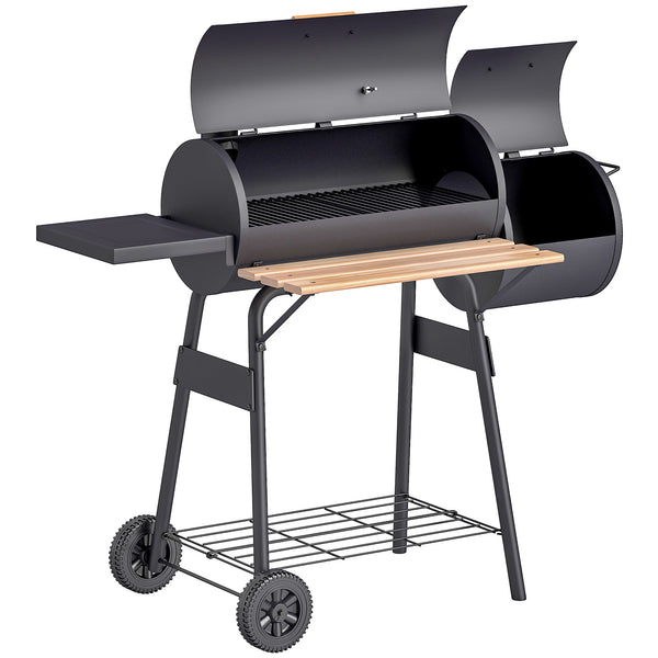 Charcoal Grill with Offset Smoker, 231 Sq.In. Cooking Area, Barrel BBQ Grill and Smoker Combo with Side Tables, Shelf, Thermometer, Wheels for Outdoor Patio Backyard Party Event Gathering