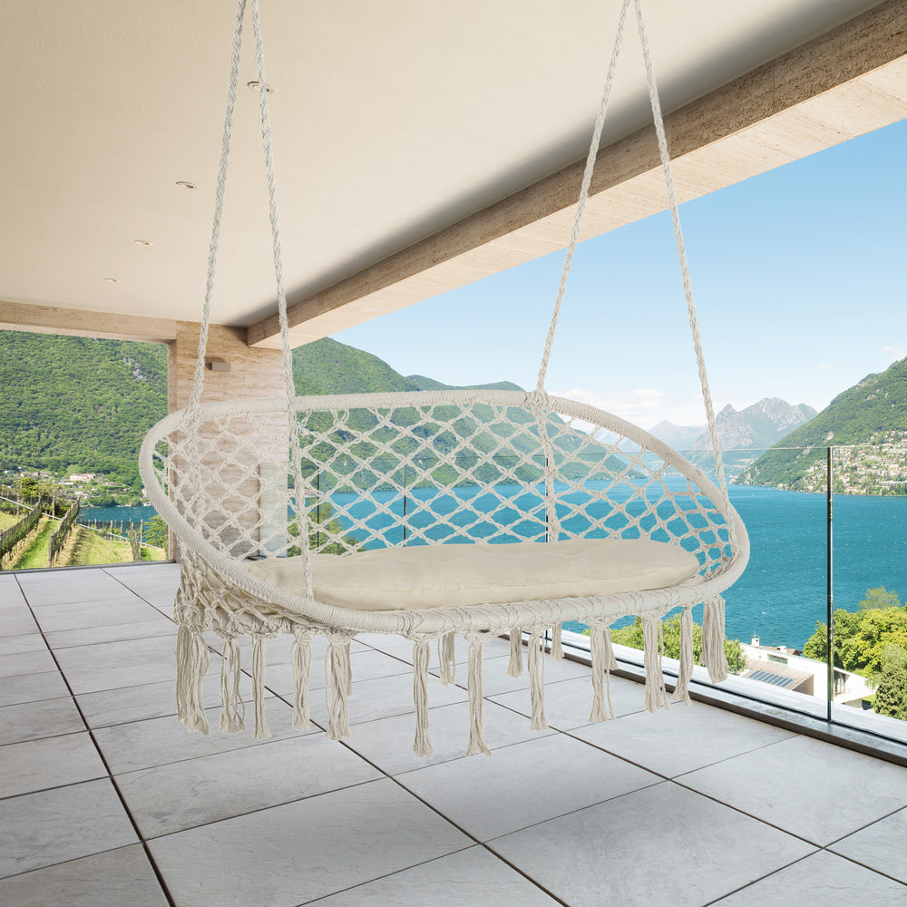 Patio Hammock Chair 2 Seat, Hanging Rope Hammock Swing Chair with Metal Frame and Cushion, Large Macrame Seat for Indoor and Outdoor 396 lbs Capacity, Cream White