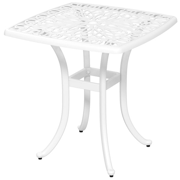 Cast Aluminum Outdoor Side Table, 21" Square Patio End Table with Umbrella Hole, Bistro Table for Garden, Balcony, Poolside, White
