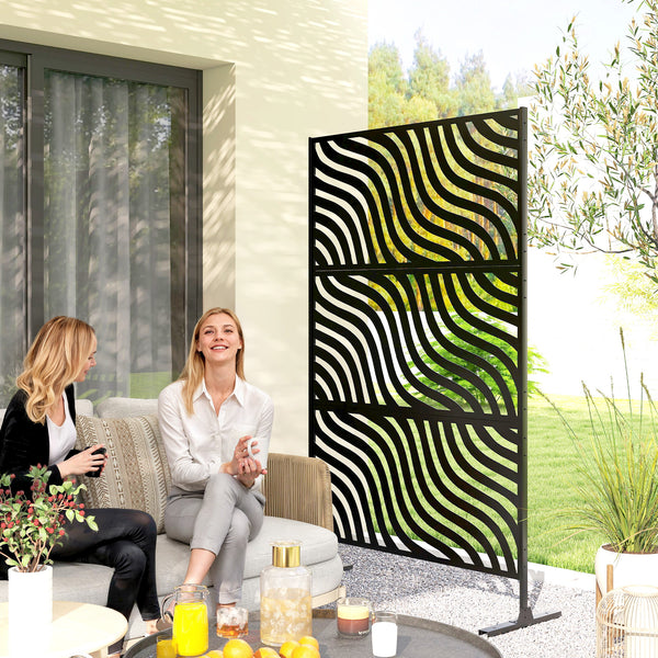 Metal Outdoor Privacy Screen, 78" x 48" Freestanding Outdoor Divider with Stand, Decorative Privacy Panel with Ripple Cut-out Design for Garden Patio Backyard, Black