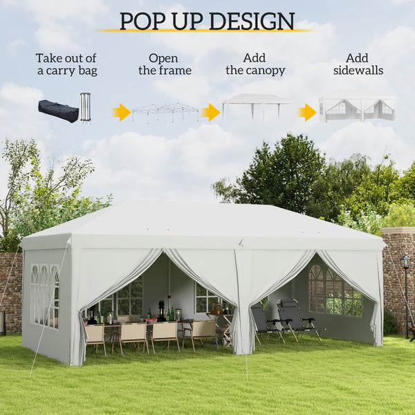 3 x 6 m Garden Pop Up Gazebo, Wedding Party Tent Marquee, Water Resistant Awning Canopy with Sidewalls, Windows, Carry Bag, White
