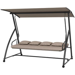 Patio Swing Chair, 3 Person Convertible Hammock, Outdoor Swing Lounge Bed, Cushioned with Tilt Canopy, Light Brown