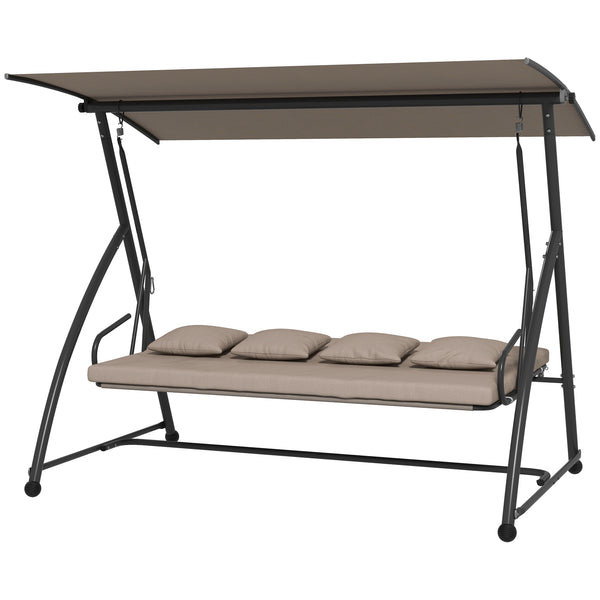 Patio Swing Chair, 3 Person Convertible Hammock, Outdoor Swing Lounge Bed, Cushioned with Tilt Canopy, Light Brown