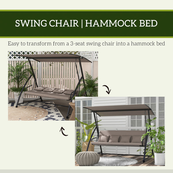 Patio Swing Chair, 3 Person Convertible Hammock, Outdoor Swing Lounge Bed, Cushioned with Tilt Canopy, Light Brown