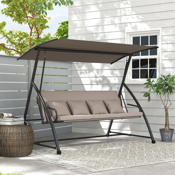 Patio Swing Chair, 3 Person Convertible Hammock, Outdoor Swing Lounge Bed, Cushioned with Tilt Canopy, Light Brown