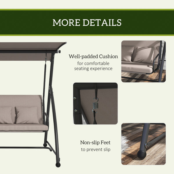 Patio Swing Chair, 3 Person Convertible Hammock, Outdoor Swing Lounge Bed, Cushioned with Tilt Canopy, Light Brown