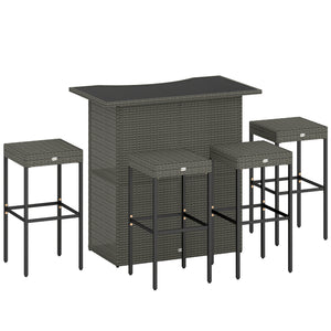 5 Piece Wicker Outdoor Bar Set, High Top Outdoor Table and Chairs, Bar Height Patio Set with Glass Table Top 2 Tier Storage Shelf and 4 Bar Stools for Garden, Poolside, Dark Gray