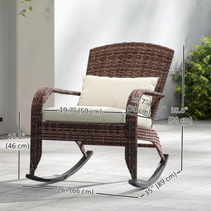 Outdoor Wicker Adirondack Rocking Chair, Patio Rattan Rocker Chair with High Back, Seat Cushion and Pillow for Garden, Porch, Balcony, Cream White/Brown