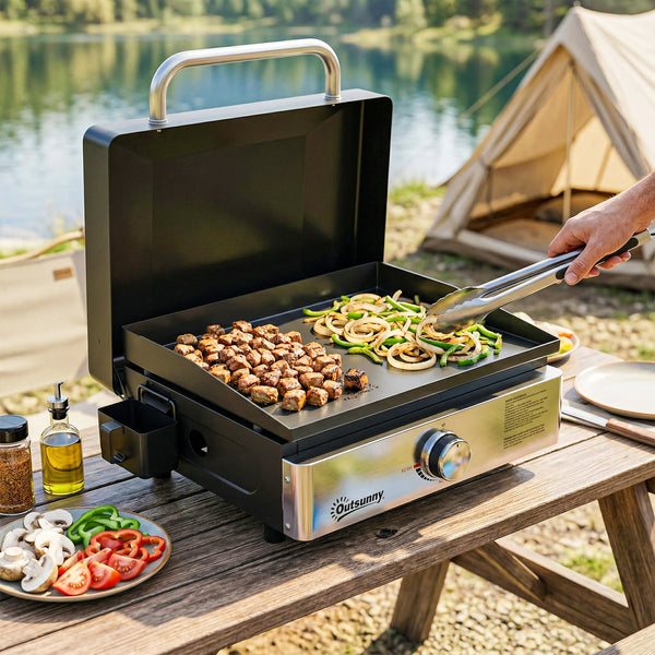 Grill Griddle, Portable Gas Plancha, 3.5 kW, Tabletop Gas BBQ with Grease Cup for Camping Picnic Patios, Black