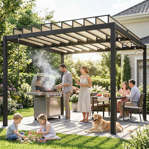 3 x 3 m Louvered Pergola with Adjustable PC Louvred Roof, Aluminium Frame, Patio Gazebo Pergola Canopy with Drainage Gutters, Handle, Expansion Screws for Garden Outdoor, Coffee