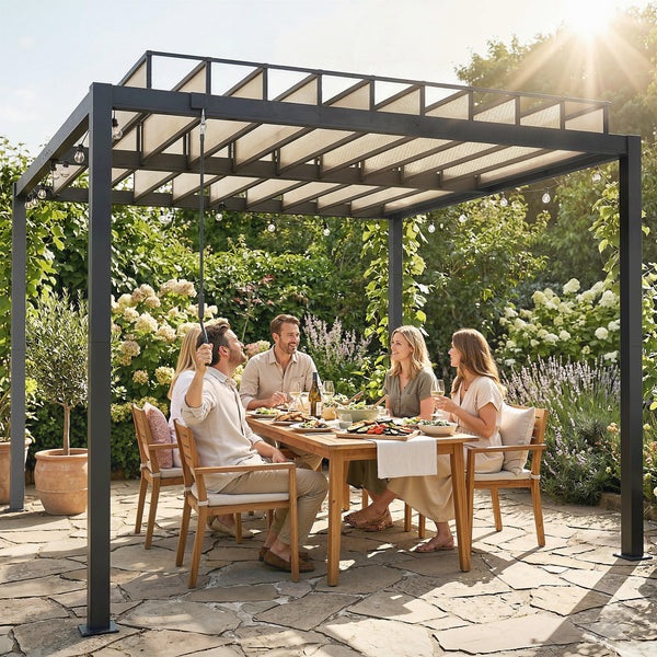 3 x 3 m Louvered Pergola with Adjustable PC Louvred Roof, Aluminium Frame, Patio Gazebo Pergola Canopy with Drainage Gutters, Handle, Expansion Screws for Garden Outdoor, Coffee