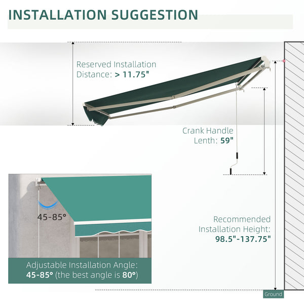 Outsunny 10' x 8' Retractable Awning, Patio Awnings, Sunshade Shelter w/ Manual Crank Handle, UV & Water-Resistant Fabric and Aluminum Frame for Deck, Balcony, Yard, Green