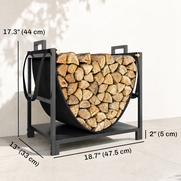 19 Inch Firewood Rack with Canvas Carrier, 110 lb Capacity Heavy Duty Steel Log Store Indoors, Fireplace Log Storage Holder, Black