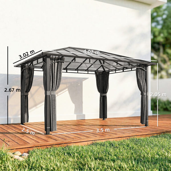 3 x 4 m Outdoor Hardtop Gazebo Canopy with Polycarbonate Roof, Waterproof Aluminium Permanent Pavilion Garden Gazebo Patio Shelter with Curtains, Dark Grey