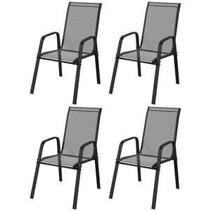 4 Pieces Garden Chairs, Stackable Outdoor Chairs with High Backrest and Armrest, Breathable Mesh Fabric Dining Chair Set of 4, Black