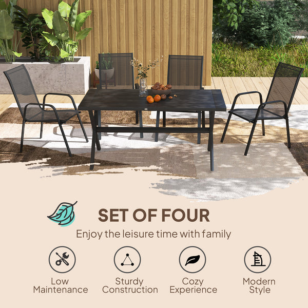 4 Pieces Garden Chairs, Stackable Outdoor Chairs with High Backrest and Armrest, Breathable Mesh Fabric Dining Chair Set of 4, Black
