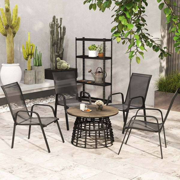 4 Pieces Garden Chairs, Stackable Outdoor Chairs with High Backrest and Armrest, Breathable Mesh Fabric Dining Chair Set of 4, Black