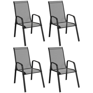 4 Pieces Garden Chairs, Stackable Outdoor Chairs with High Backrest and Armrest, Breathable Mesh Fabric Dining Chair Set of 4, Black