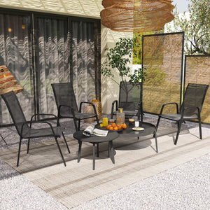 4 Pieces Garden Chairs, Stackable Outdoor Chairs with High Backrest and Armrest, Breathable Mesh Fabric Dining Chair Set of 4, Black