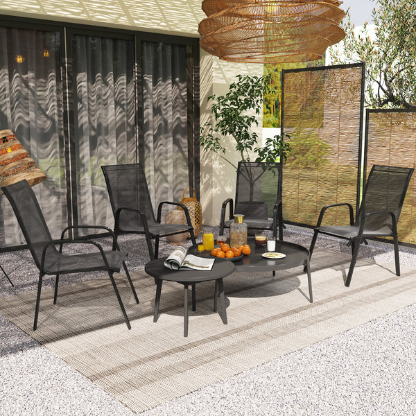 4 Pieces Garden Chairs, Stackable Outdoor Chairs with High Backrest and Armrest, Breathable Mesh Fabric Dining Chair Set of 4, Black